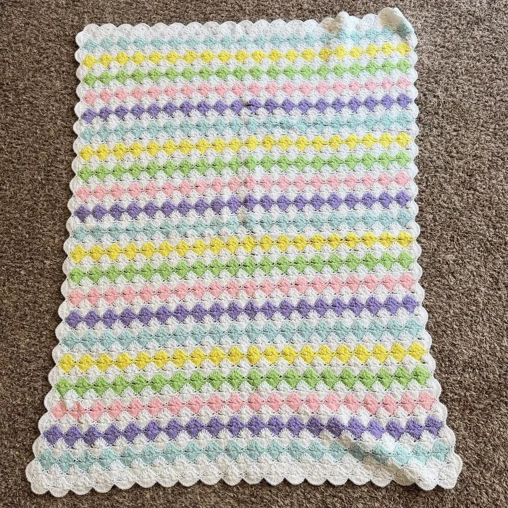 Handmade Crochet Baby Afghan Crib Blanket Pastel Crocodile Shell Stitch